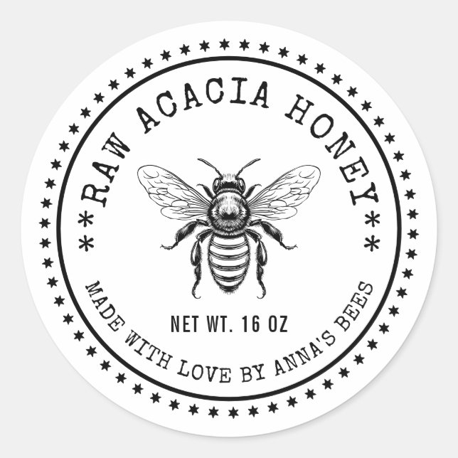 Acacia honey label with custom colour bee (Front)