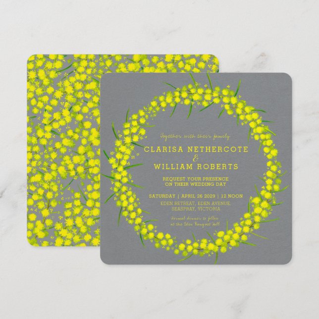 Acacia wattle floral art yellow grey wedding invitation (Front/Back)