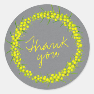 Acacia wattle wreath wedding thank you grey yellow classic round sticker