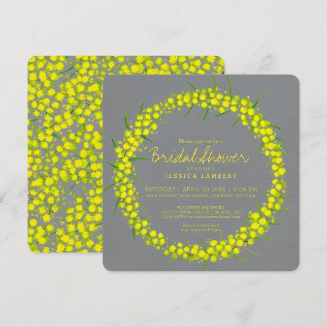 Acacia yellow grey art flowers bridal shower invitation (Front/Back)