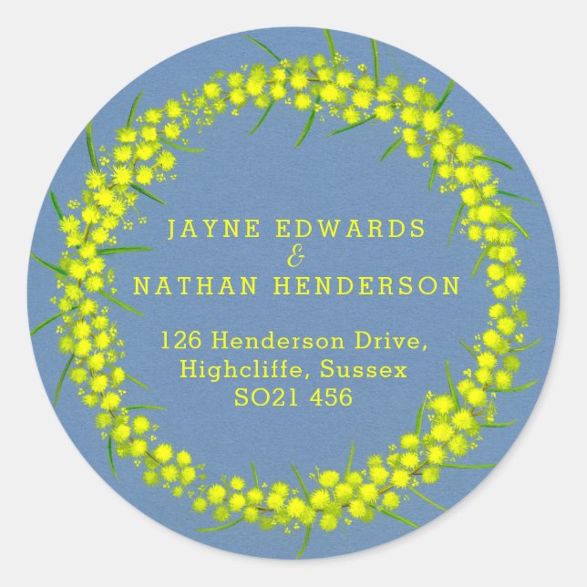 Acacia yellow wattle wedding address stickers (Front)