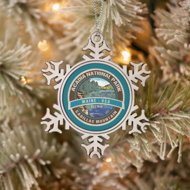 ACADIA NATIONAL PARK CADILLAC MOUNTAIN HOLIDAY SNOWFLAKE PEWTER CHRISTMAS ORNAMENT (Tree)