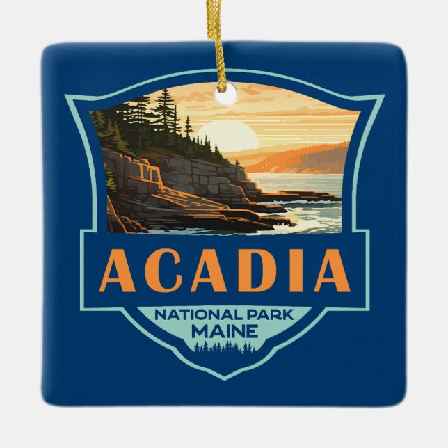 Acadia National Park Illustration Retro Badge Ceramic Ornament (Front)