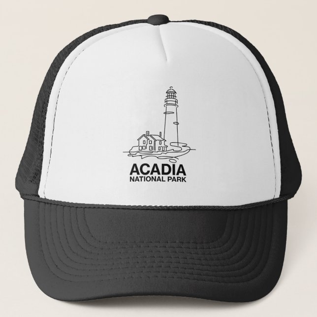 Acadia National Park Lighthouse Line Art  Trucker Hat (Front)