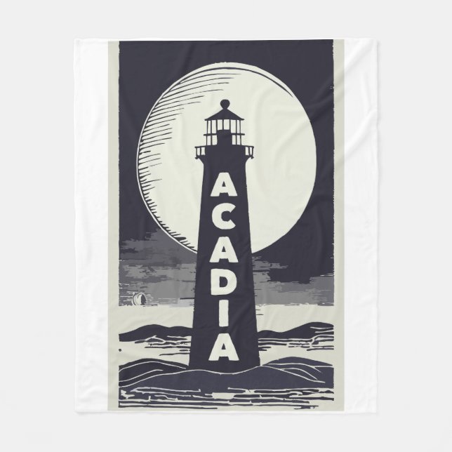 Acadia National Park Lighthouse Moon Fleece Blanket (Front)