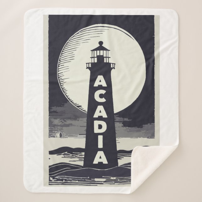 Acadia National Park Lighthouse Moon Sherpa Blanket (Front)
