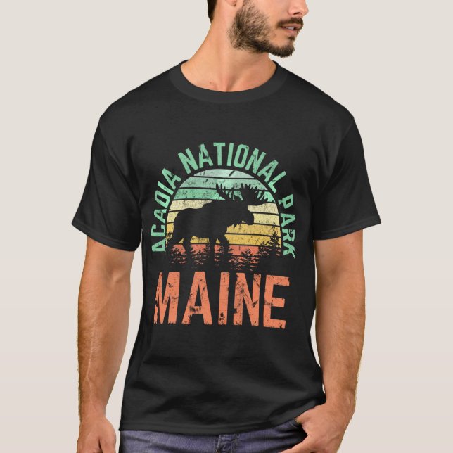 Acadia National Park Maine Moose Hiking Retro Suns T-Shirt (Front)
