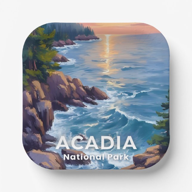 Acadia National Park | Maine Painting Travel Art Paper Plate (Front)