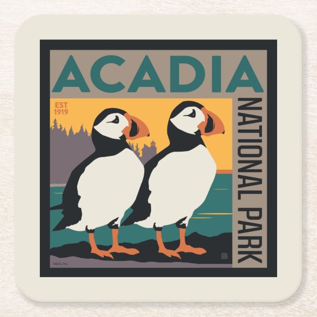 Acadia National Park, Maine | Puffins Square Paper Coaster (Front)