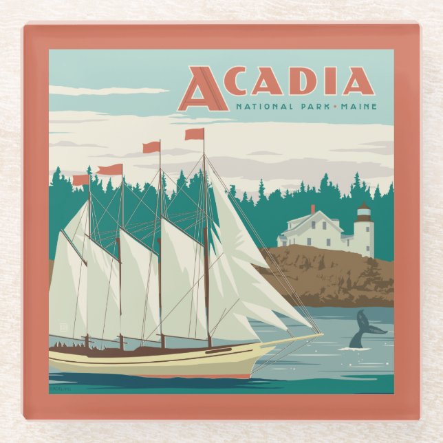 Acadia National Park, Maine | Sailboat & Whale Glass Coaster (Front)
