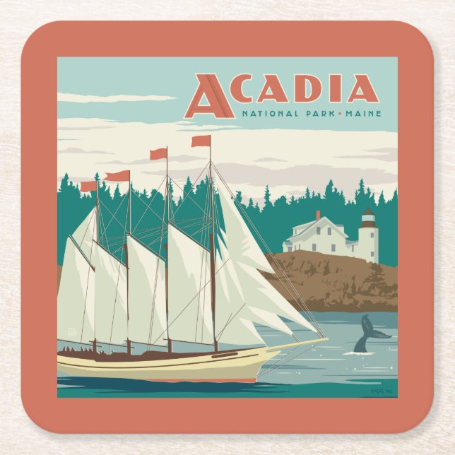 Acadia National Park, Maine | Sailboat & Whale Square Paper Coaster (Front)