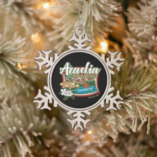 ACADIA NATIONAL PARK MOOSE IN CANOE HOLIDAY SNOWFLAKE PEWTER CHRISTMAS ORNAMENT