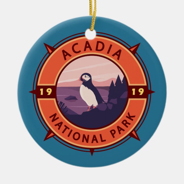 Acadia National Park Puffin Retro Compass Emblem Ceramic Tree Decoration (Front)