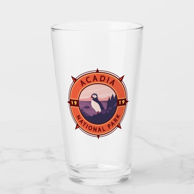 Acadia National Park Puffin Retro Compass Emblem  Glass (Front)