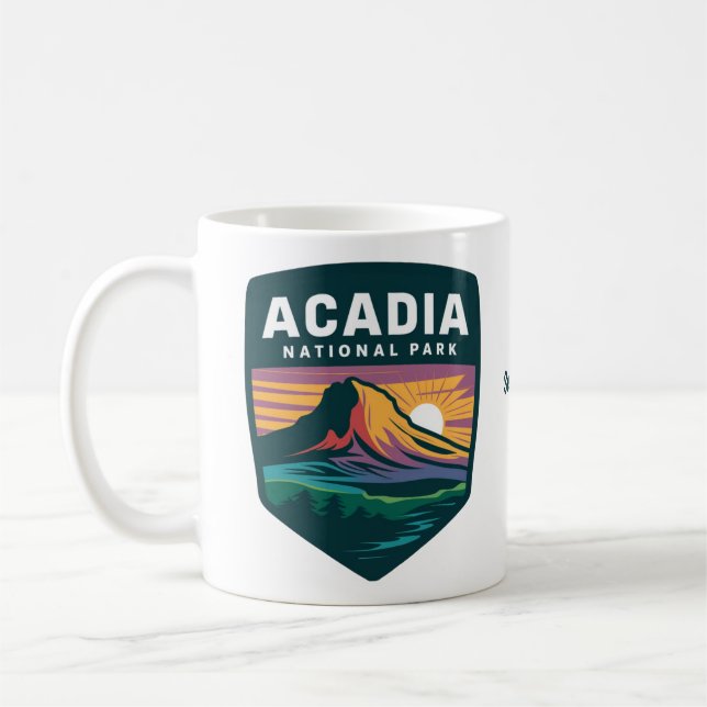 Acadia National Park Sunset Badge Illustration Coffee Mug (Left)