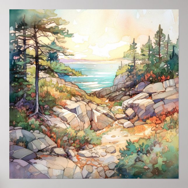 Acadia National Park Watercolor Painting  Poster (Front)