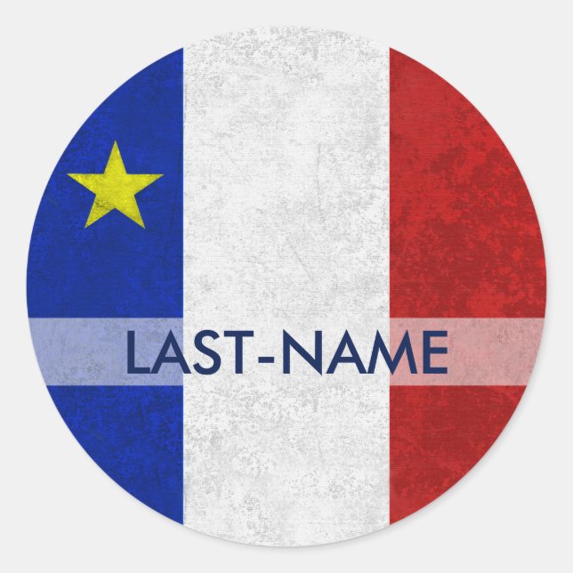 Acadian Flag Surname Distressed Grunge Personalise Classic Round Sticker (Front)