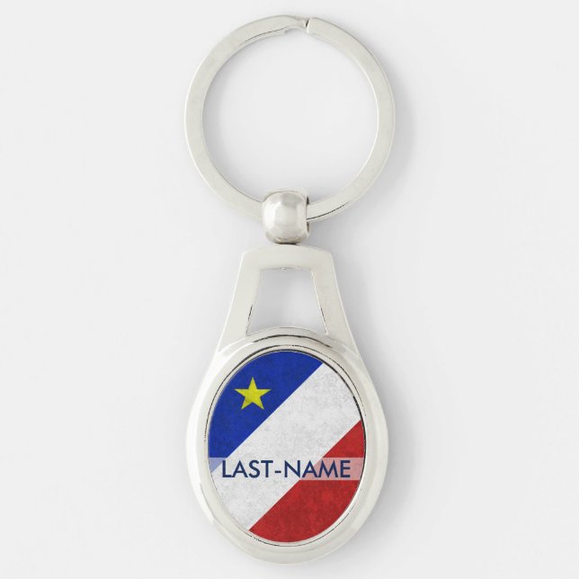 Acadian Flag Surname Distressed Grunge Personalise Key Ring (Front)