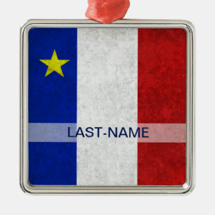 Acadian Flag Surname Distressed Grunge Personalise Metal Tree Decoration