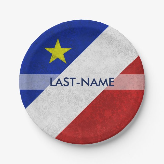 Acadian Flag Surname Distressed Grunge Personalise Paper Plate (Front)