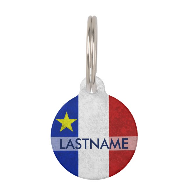 Acadian Flag Surname Distressed Grunge Personalise Pet Tag (Front)