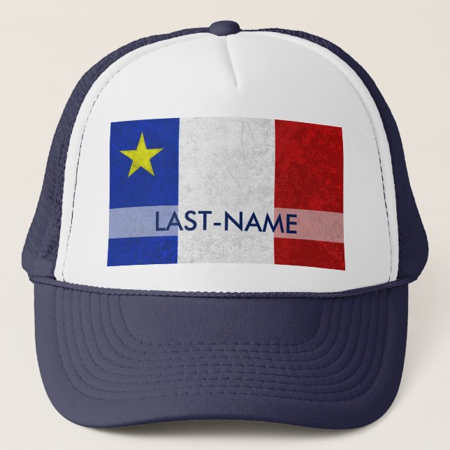 Acadian Flag Surname Distressed Grunge Personalise Trucker Hat (Front)
