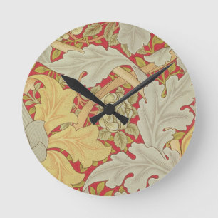 Acanthus leaves and wild rose on a crimson backgro round clock