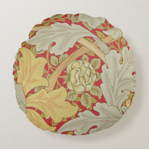 Acanthus leaves and wild rose on a crimson backgro round cushion