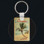 Acapulco Palm Tree Vintage Travel Key Ring<br><div class="desc">A uniquely retro mid-century modern Acapulco Mexico art print in vintage travel poster style. It features a curved palm tree on sandy beach with ocean under a blue cloudy sky.</div>