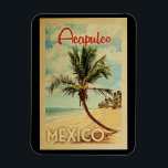 Acapulco Palm Tree Vintage Travel Magnet<br><div class="desc">A uniquely retro mid-century modern Acapulco Mexico art print in vintage travel poster style. It features a curved palm tree on sandy beach with ocean under a blue cloudy sky.</div>