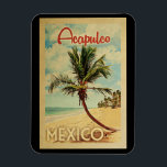 Acapulco Palm Tree Vintage Travel Magnet<br><div class="desc">A uniquely retro mid-century modern Acapulco Mexico art print in vintage travel poster style. It features a curved palm tree on sandy beach with ocean under a blue cloudy sky.</div>