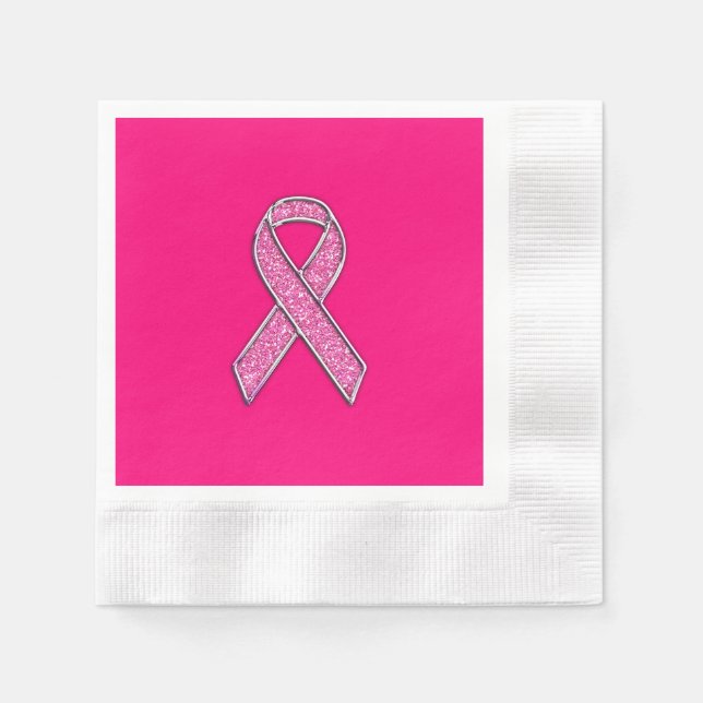 Accent Chrome Glitter Style Pink Ribbon Awareness Napkin (Front)