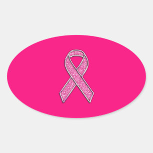 Accent Chrome Glitter Style Pink Ribbon Awareness Oval Sticker