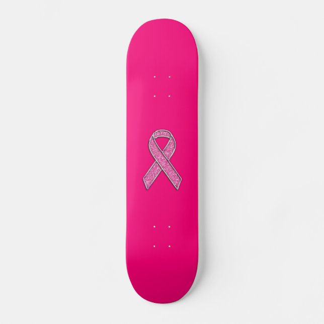 Accent Chrome Glitter Style Pink Ribbon Awareness Skateboard (Front)