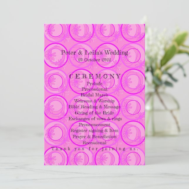 Accent Circles Background Flowers Pink Wedding Programme (Standing Front)