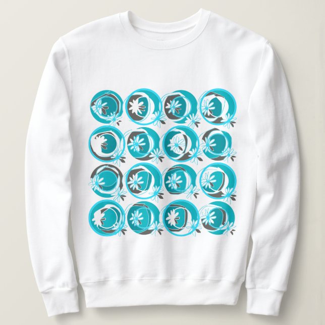 Accent Circles Background Flowers Teal White  Sweatshirt (Design Front)