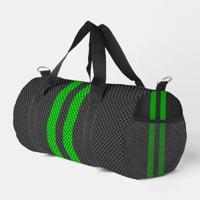 Accent Green Carbon Fiber Style Racing Stripes Duffle Bag (Right Corner)