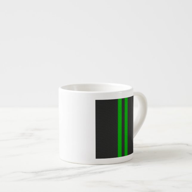 Accent Green Carbon Fibre Style Racing Stripes Espresso Cup (Front Right)