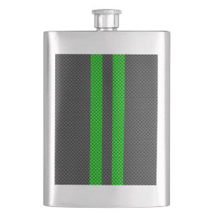 Accent Green Carbon Fibre Style Racing Stripes Hip Flask