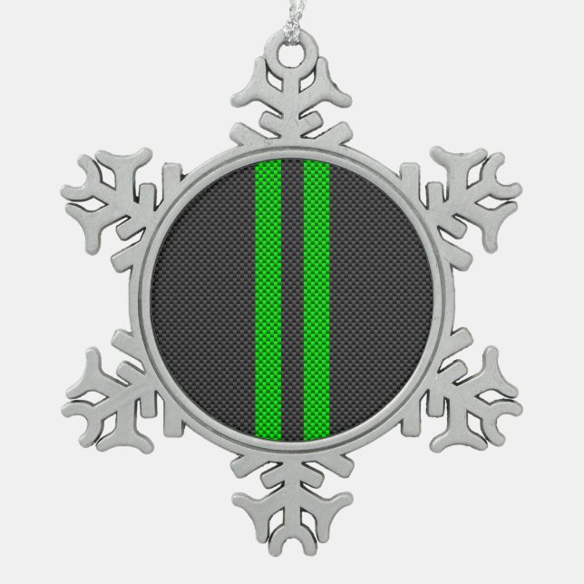 Accent Green Carbon Fibre Style Racing Stripes Snowflake Pewter Christmas Ornament (Front)