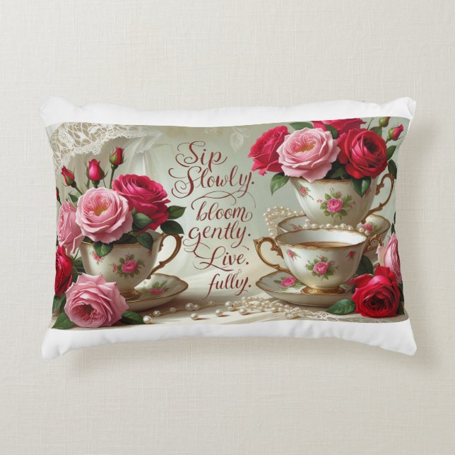 Accent Pillow- Teacups & Roses Decorative Cushion (Front)