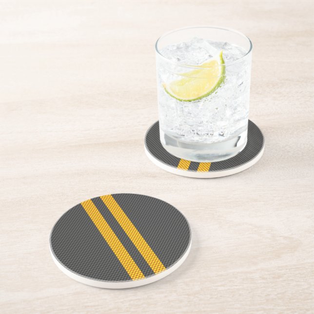 Accent Yellow Racing Stripes Carbon Fibre Style Coaster (Side)