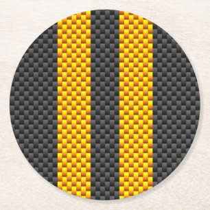 Accent Yellow Racing Stripes Carbon Fibre Style Round Paper Coaster