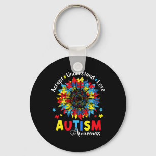 Accepnt Understand Love Autism Awareness Sunflower Key Ring