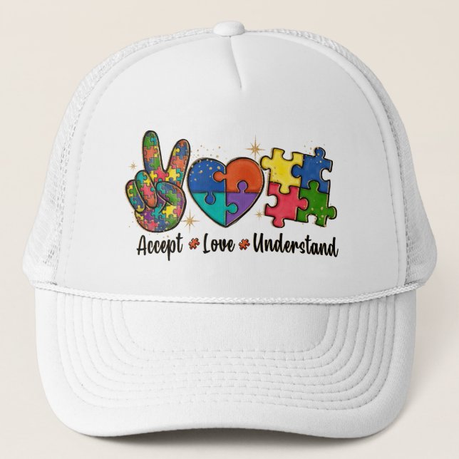 Accept Love Understand - Autism Awareness Heart Trucker Hat (Front)