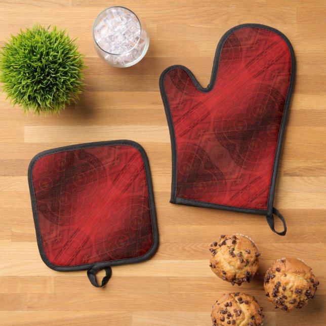 Acceptance | Red Meditation Medallions Oven Mitt & Pot Holder Set (Top Down)