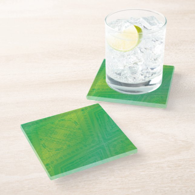 Acceptance | Yellow Green Blue Shibori Pattern Glass Coaster (Angled)