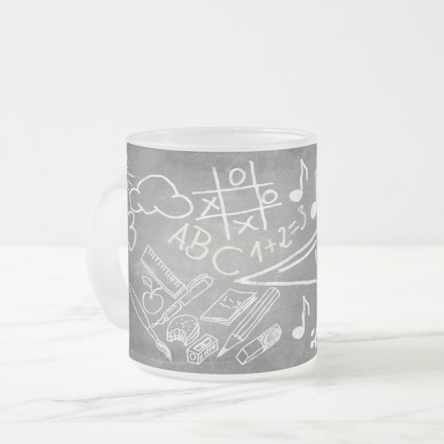 Accessories for enrolment in chalkboard style frosted glass coffee mug (Front Left)