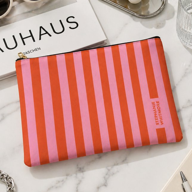 Accessory Pouch | Preppy Bold Stripe Coral Pink (A bold striped accessory pouch with a playful modern look perfect for gifting or everyday use)