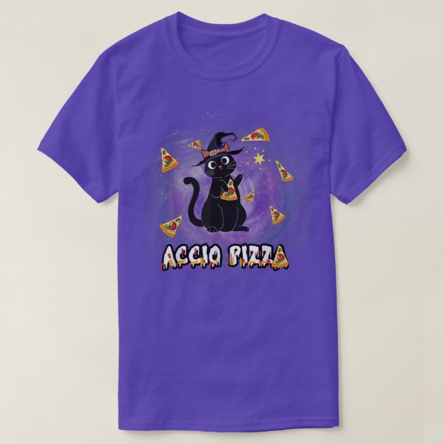 Accio Pizza Funny Black Cat Magic Wizard T-Shirt (Design Front)
